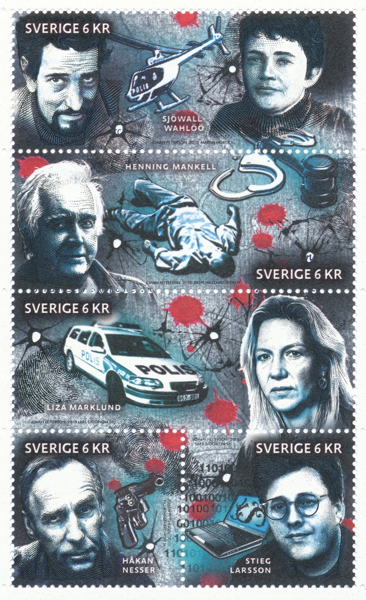 Frimärke: Porträtt av Maj Sjöwall och Per Wahlöö som lade grunden till den moderna svenska kriminalromanen med böckerna om kriminalkommissarien Martin Beck.