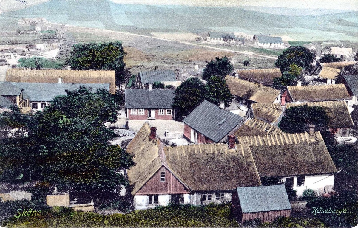 Kolorerat fotografi med vy vy över byggnader i Kåseberga, Skåne.