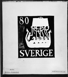 Ej realiserade förslag till nya frimärkstyper 1951. Konstnär: Lars Norrman. Motto: "Hög valör". 5.a. Variant av 5.
Valör 80 öre.