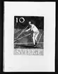 Förslagsteckningar till frimärket Riksidrottsförbundet 50 år, utgivet 27/5 1953. Svenska gymnastik- och idrottsföreningars
riksförbund bildades 1903. Konstnär: Lars Norrman. Ej realiserat förslag. Spjutkastare. Format A.
Valör 10 öre.