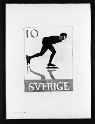 Förslagsteckningar till frimärket Riksidrottsförbundet 50 år, utgivet 27/5 1953. Svenska gymnastik- och idrottsföreningars
riksförbund bildades 1903. Konstnär: Lars Norrman. Ej realiserat förslag. Skridskoåkare. Format A.
Valör 10 öre.