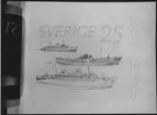 Ej realiserade förslag till frimärket Sjöpost, utgivet 10/2 1958. Till erinran om de flerhundraåriga sjöpostförbindelserna över Nordatlanten samt helikopterposten i Stockholms skärgård.
Konstnär: Bertil Kumlien. Blyertsteckning, som nedanstående, med kalkérpappret uppvikt. 
Valör 25 öre.