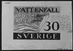 Förslagsritningar - ej antagna - till frimärket Vattenfall 50 år, utgivet 20/1 1959. Kraftstationen vid Nämforsen i Ångermanland. Konstnär: Tor Hörlin. Förslag. Fotokopia.
Valör 30 öre.