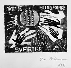 Frimärksförlaga till frimärket Världskampanjen mot hunger, utgivet 21/3 1963. Med anledning av FN-kampanjen mot hungern. Motivet är tre stycken sädesax samt stiliserade händer. Originalteckning och förslagsskisser utförda av Vera Nilsson. Valör 25 öre.

Valör 25 öre.