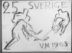 Frimärksförlaga till frimärket VM i ishockey, utgivet 15/2 1963. 1963 års VM i ishockey spelades i Stockholm.
Förslagsteckningar utförda av konstnären Georg Lagerstedt (1892 - ). Förslag 4. Blyertsteckning. Valör 25 öre.