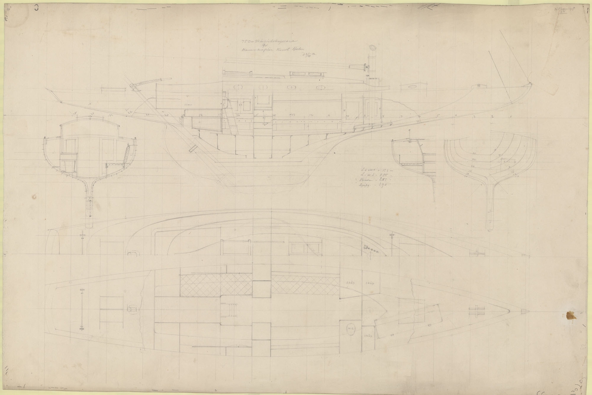skiss med profil, inredning, linjer & spant 1/20