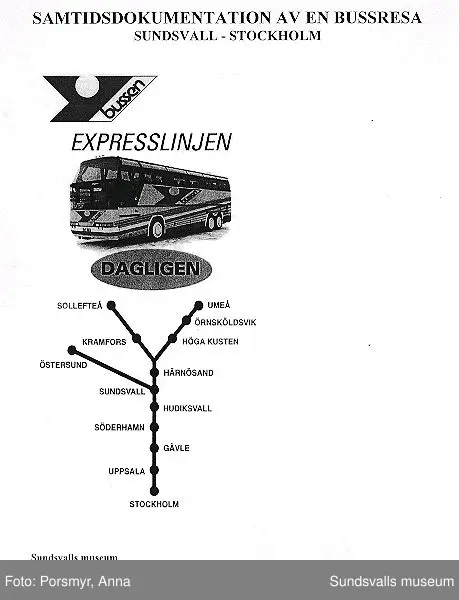 Dokumentation av en bussresa med Y-bussen Sundsvall - Stockholm tur och retur, 1998.Se bildtexter och fotoprotokoll.