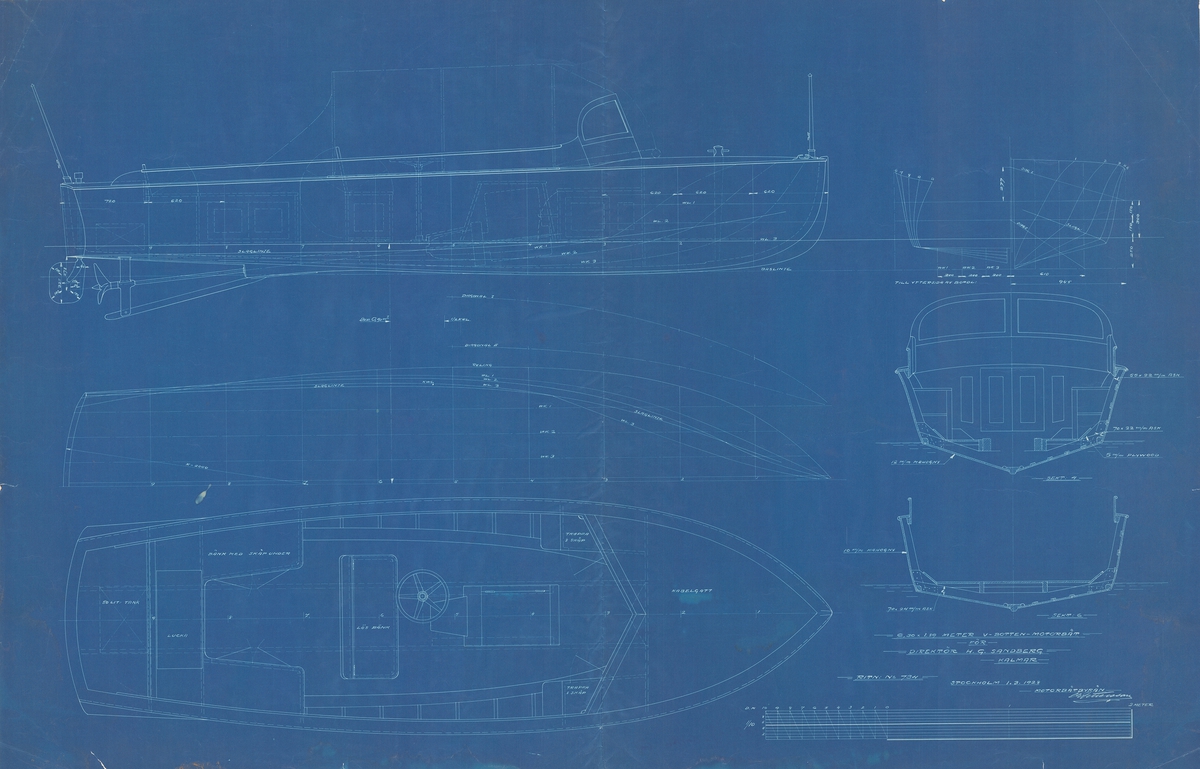 Spantruta, linjeritning, inredningsritning i profil, plan och sektion