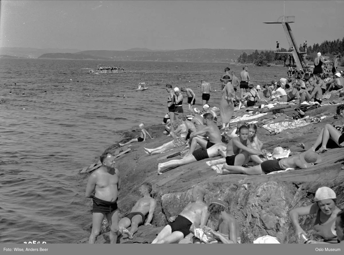 badestrand, mennesker, badeliv, solbad, stupetårn, flåte