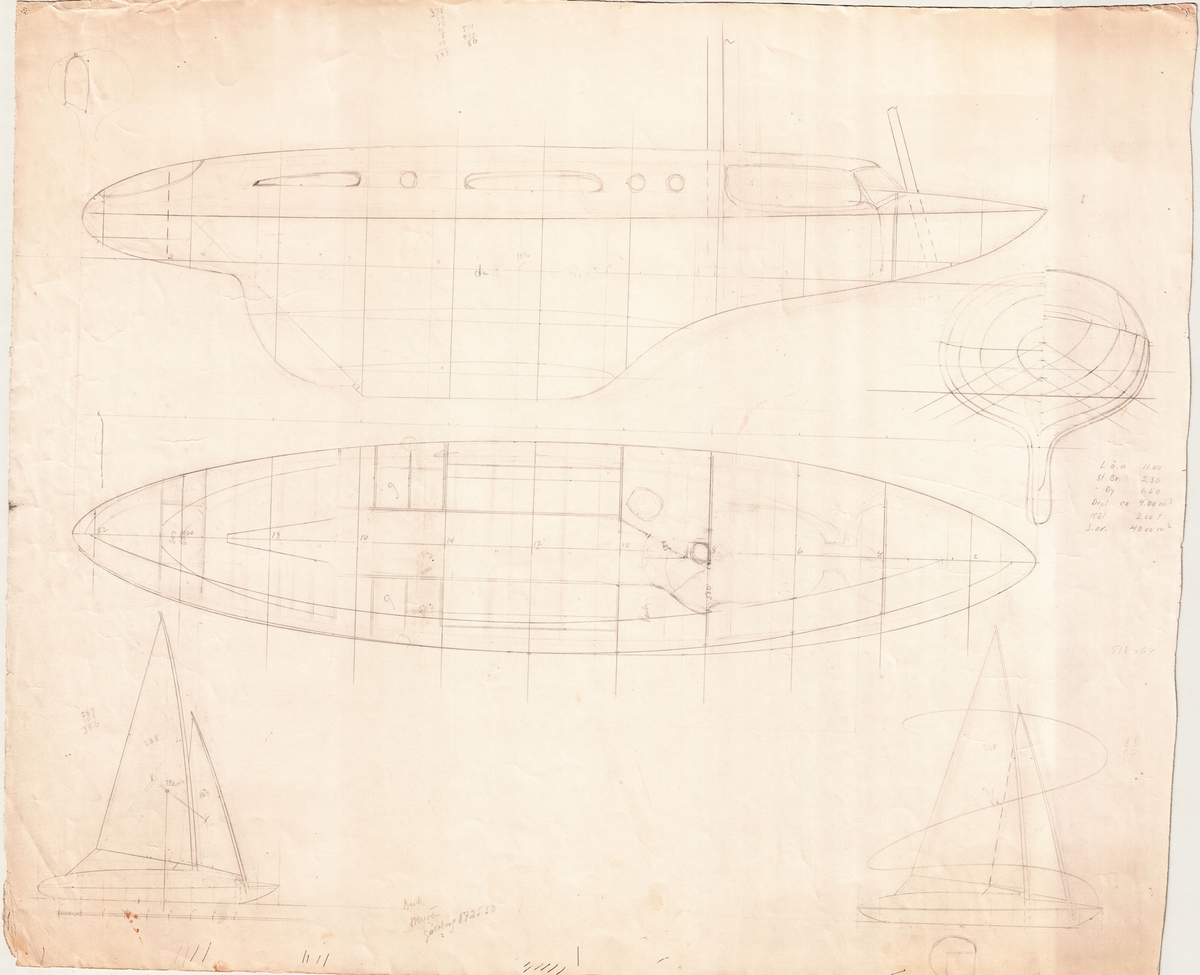 Skiss; spantruta, plan och profilritning, segel och rigg