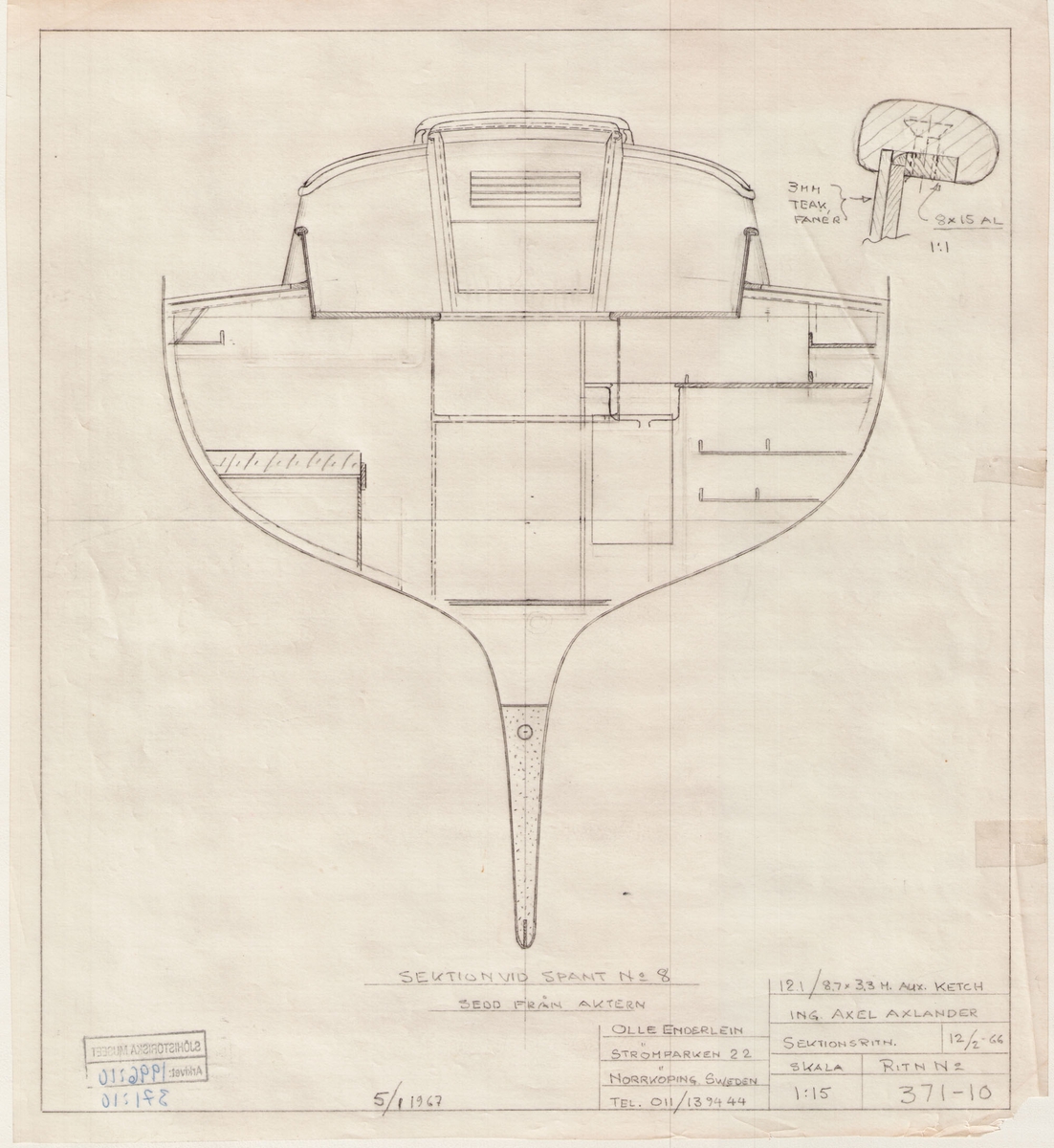 Auxiliary ketch.

sektioner, inredning med detaljer