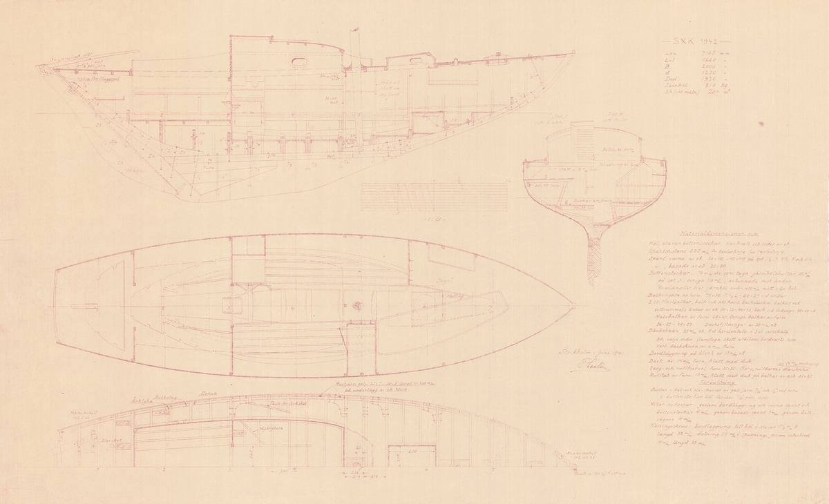 Byggnadsritning i plan, profil och sektion samt materialdimensioner.