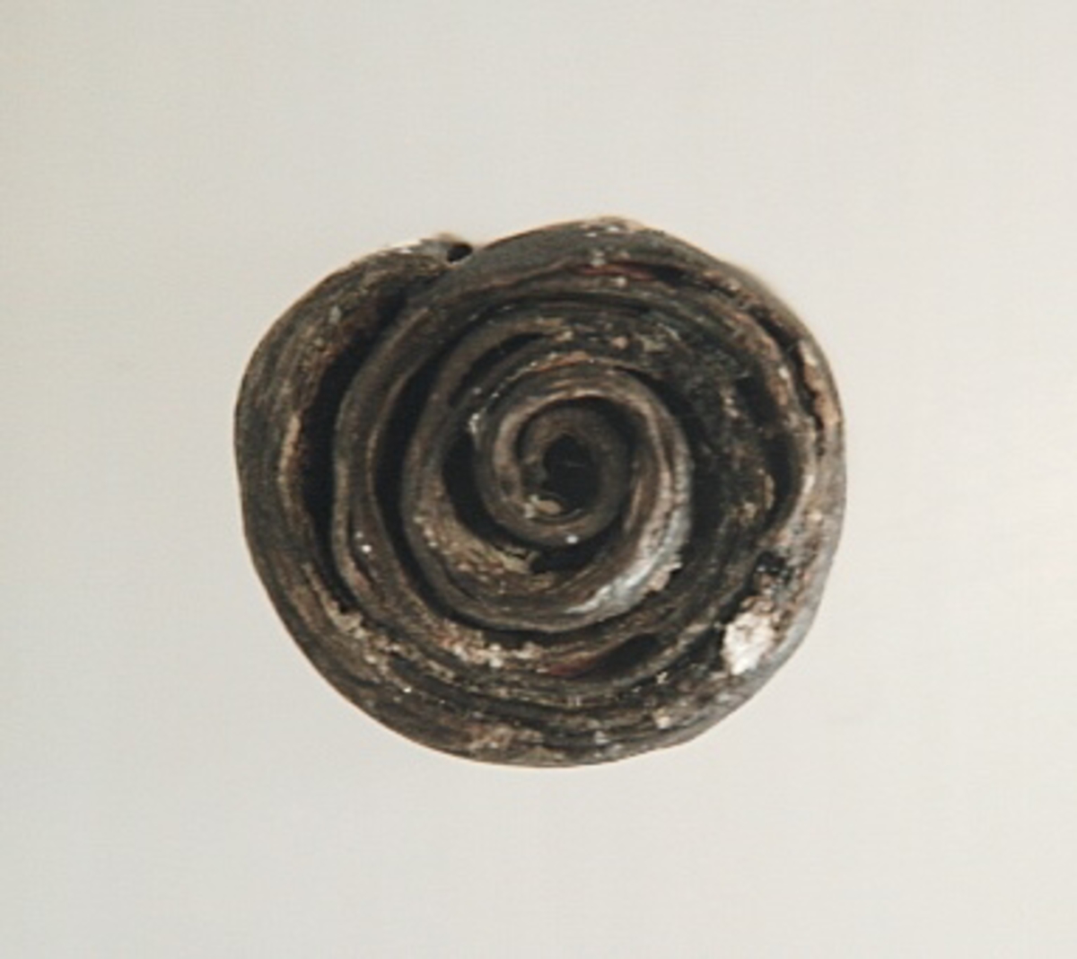 Ett flöte av näver. Flötet har formen av en rulle. Flötet är välbevarat.