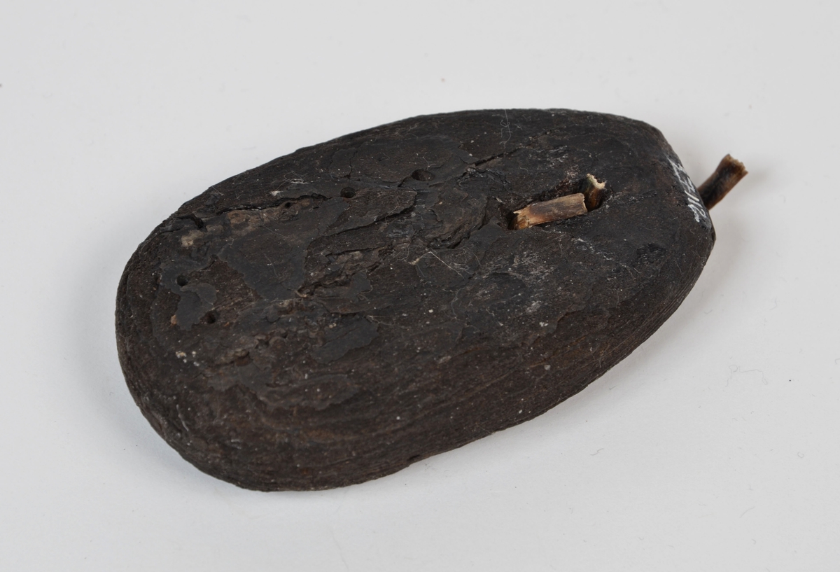 Ett ovalt flöte av bark. I flötets övre del finns två mindre hål, med kvarsittande band av rot. Flötet är välbevarat.