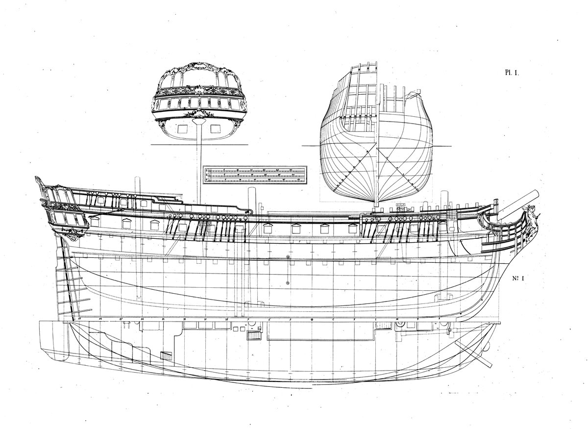 Handelsfregatt. Profil-, linje- och spantritning med akterspegel.