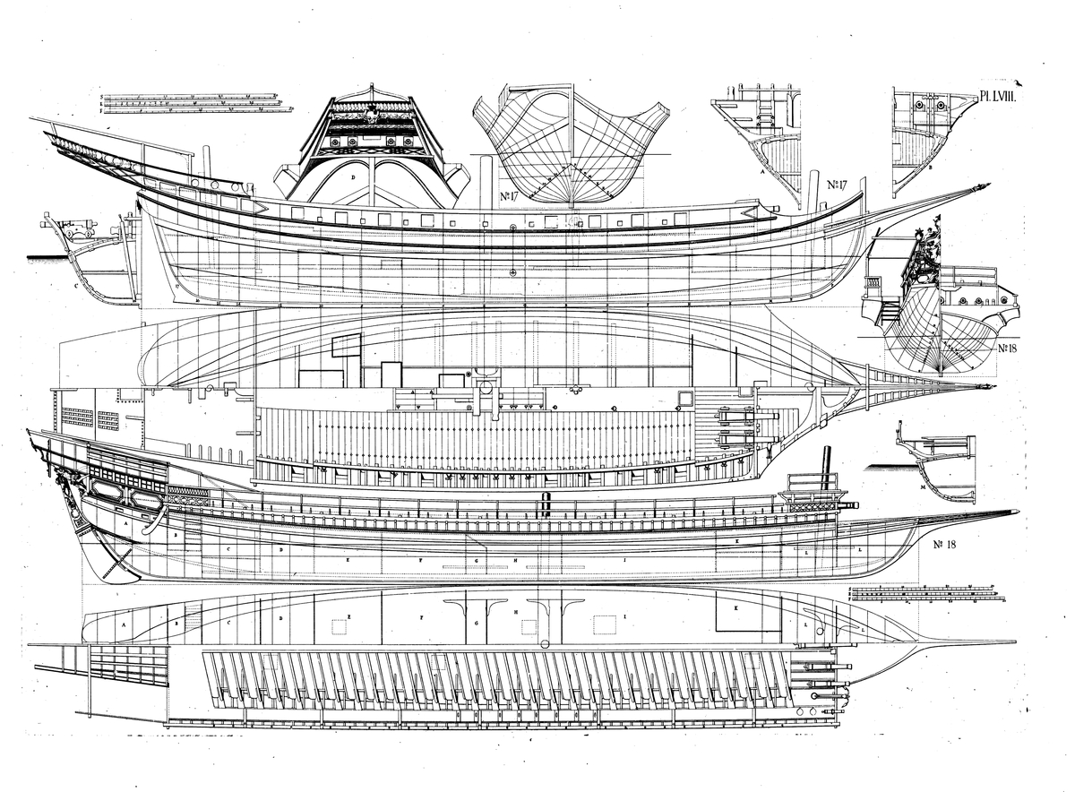 En algerisk chebeck och den maltesiska galären LA CAPITANA. Profil- och linjeritningar, spantrutor, akterspeglar, däcksplan och sektioner.