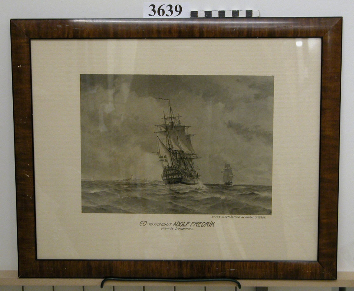 Fotografi efter målning av J Hägg av 60-kanonskeppet Adolf Fredrik utanför Landskrona.