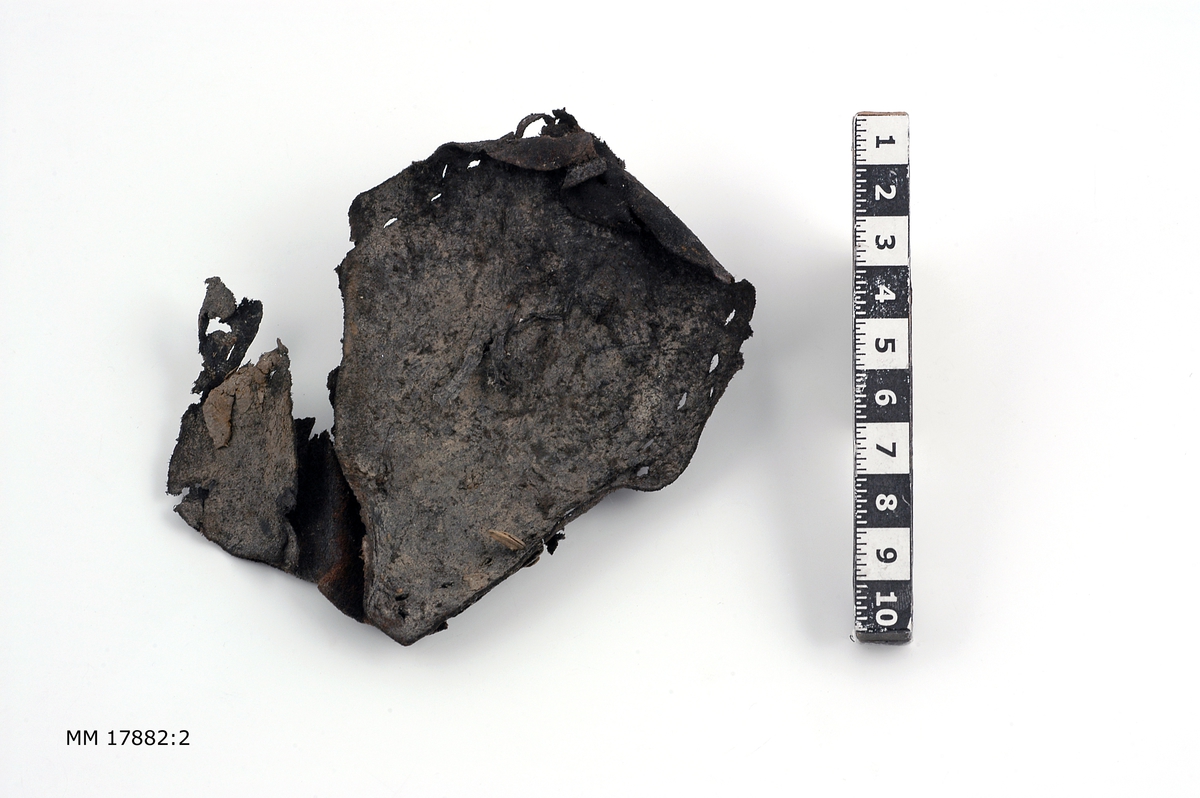 Sjöfynd från vraket Nya Riga. 16 fragment av läder, flertalet tydliga rester av skor med sula och klack försedd med pliggar. Spår efter sömmar. Hälften är större fragment.

För dimensioner på de enskilda bitarna, se inventariebilaga.