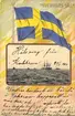 Vykort med ett seglande fartyg och Svenska flaggan med orden 