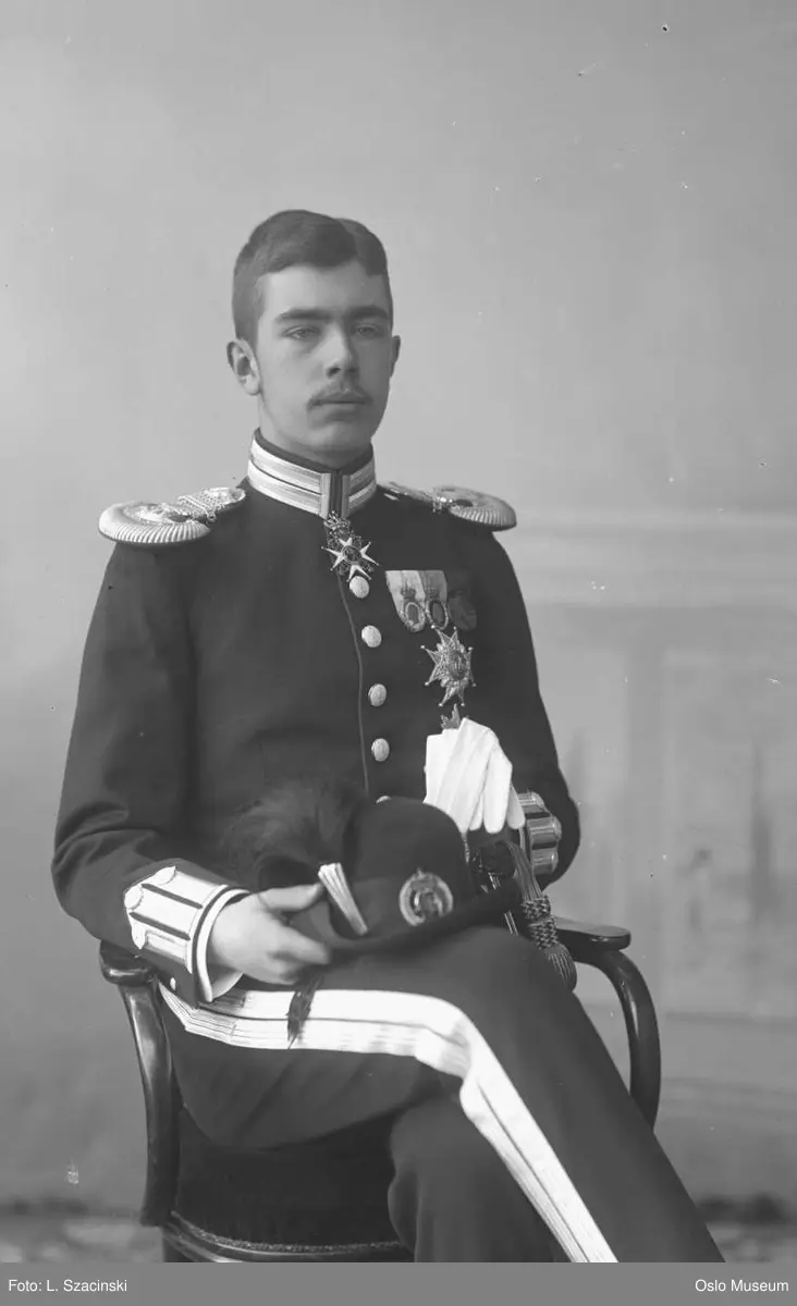 portrett, mann, prins, fanejunker, uniform, sittende knefigur
