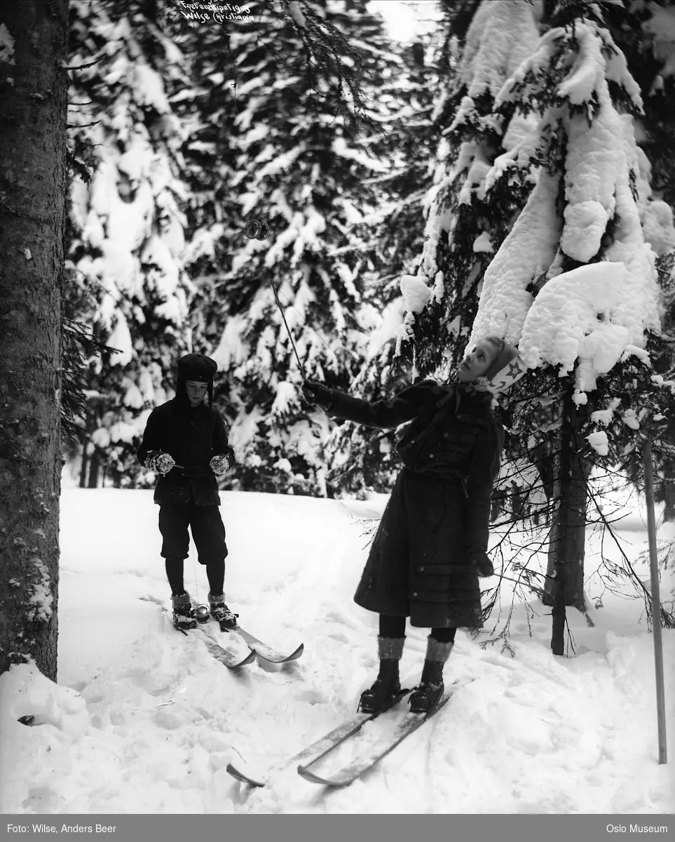 gutt, jente, diabolospill, ski, skog, snø