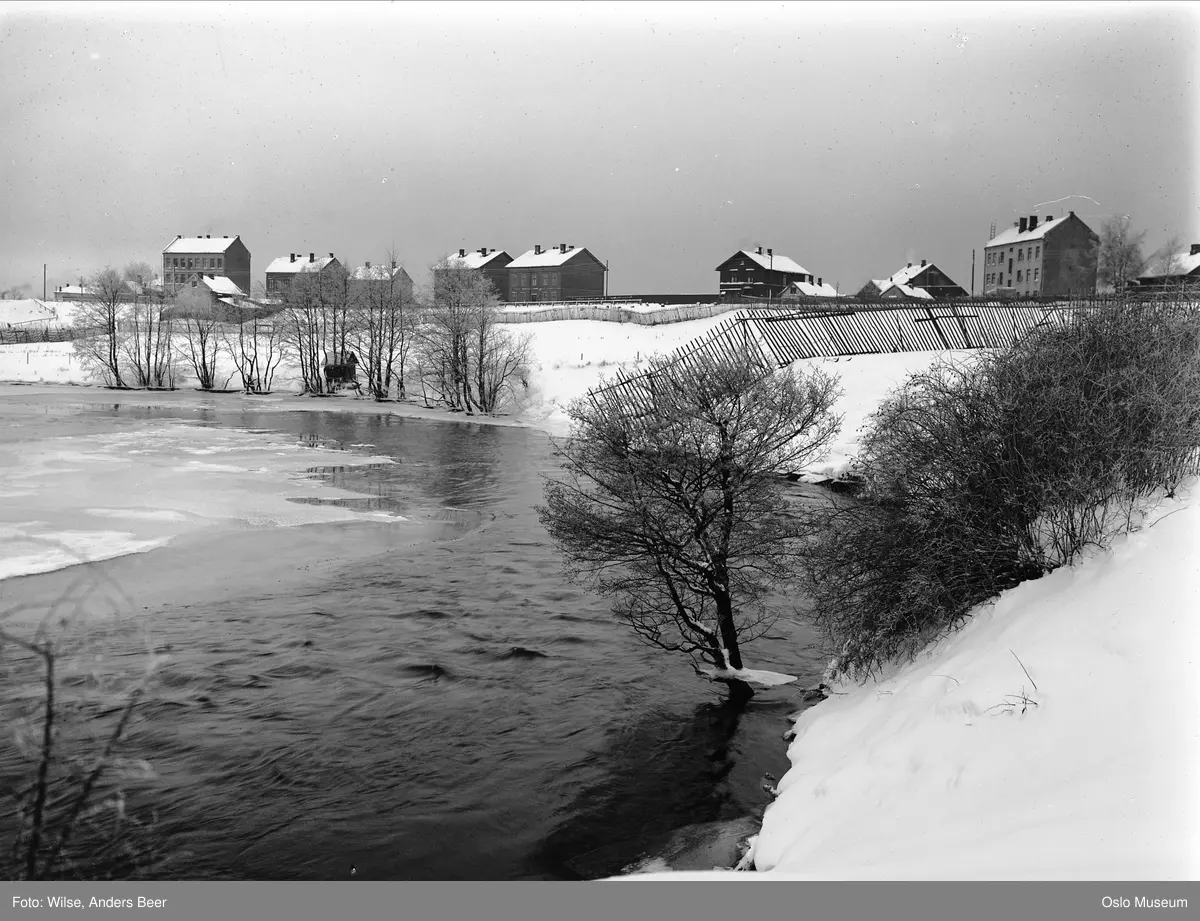 elv, snø, is, trær, bolighus, bygårder