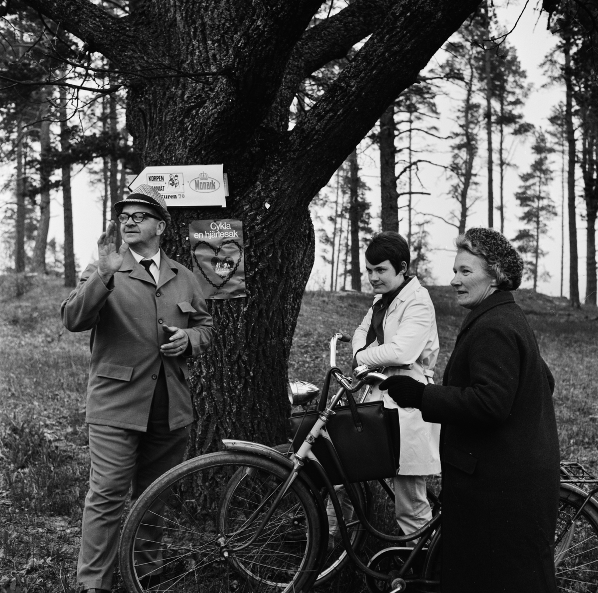 "Kylslagen upptakt för Tierpscykling" - banläggaren Nils Larsson med deltagarna i Cykel 70, Kerstin och Elsa Melin, Tierp, Uppland maj 1970