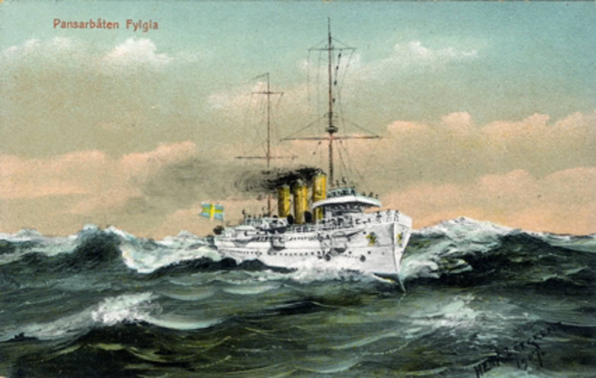 Pansarbåten Fylgia. Henx Löfgren 1907
A.B. Oscar Halldins konstförlag, Stockholm. Imp. 144788