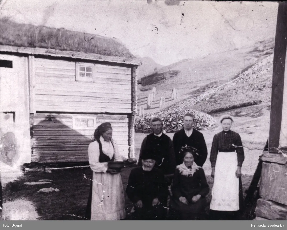 Framme frå venstre: Anne Anderdal (med ølskåla); Ola Anderdal, Birgit Anderdal.
Bak frå venstre: Trond Anderdal, Ola Anderdal, Birgit Anderdal
Gardsbygning
Biletet er teke ca. 1915 i gardstunet på anderdal, 73.2