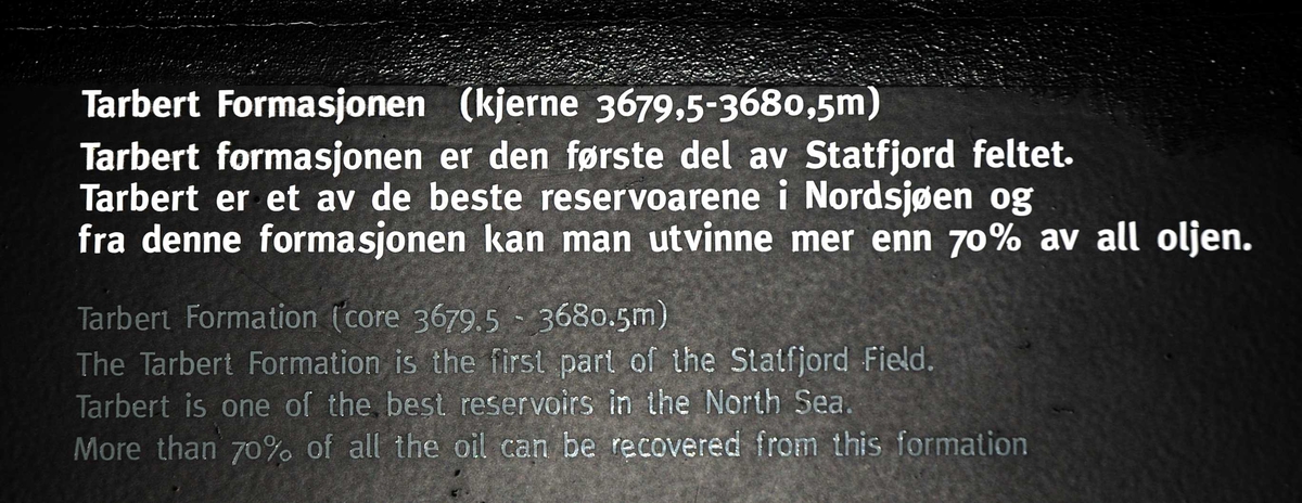 Kjerneprøver fra Statfjordfeltet plassert i monter. Under 33/9-A2 står det Cook formasjonen. Under 33/4-A-23 står det Statfjord Formasjonen Under 33/9-A22 står det Tarbert formasjonen. 