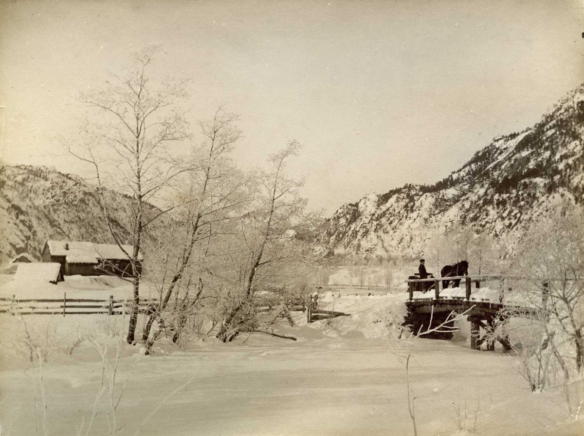 Bru bekk tre hus snø vinter fjell
