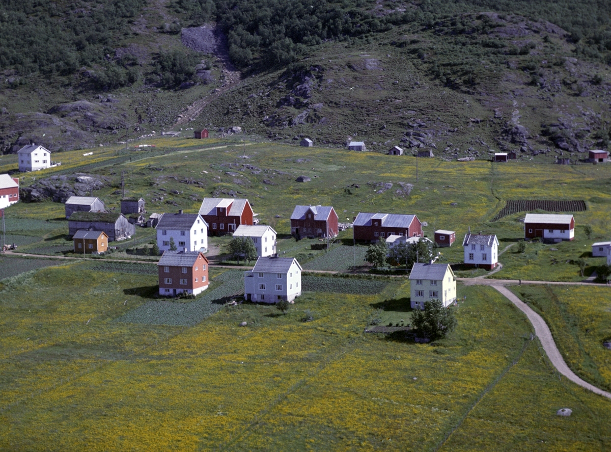 Flyfoto av bebyggelse på Grøtavær. Sommerfjøser i bakgrunnen.