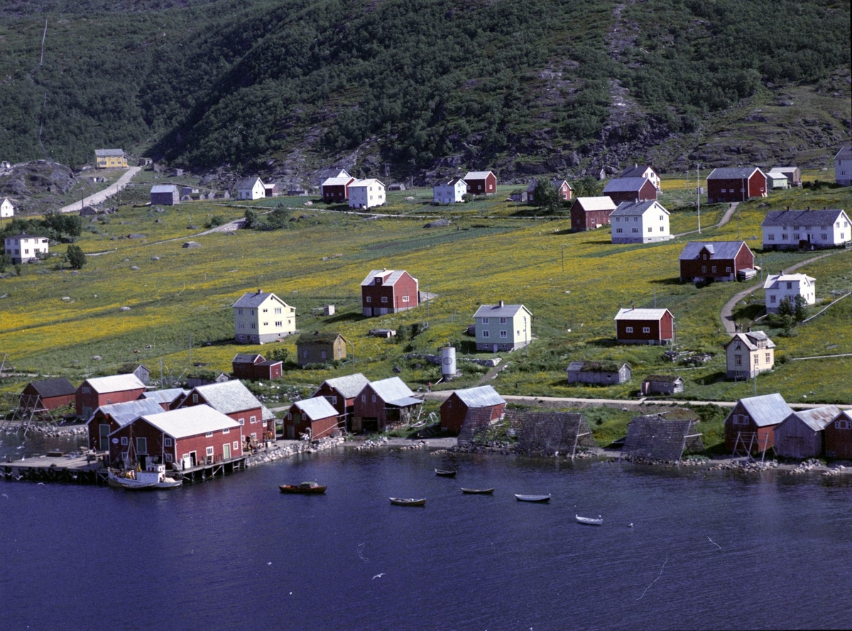 Flyfoto av bebyggelse ved havet på Grøtavær. Fiskehjeller, brygger og naust i forgrunnen.