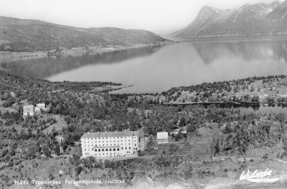 Postkort med motiv fra et flyfoto av området rundt Folkehøgskolen.