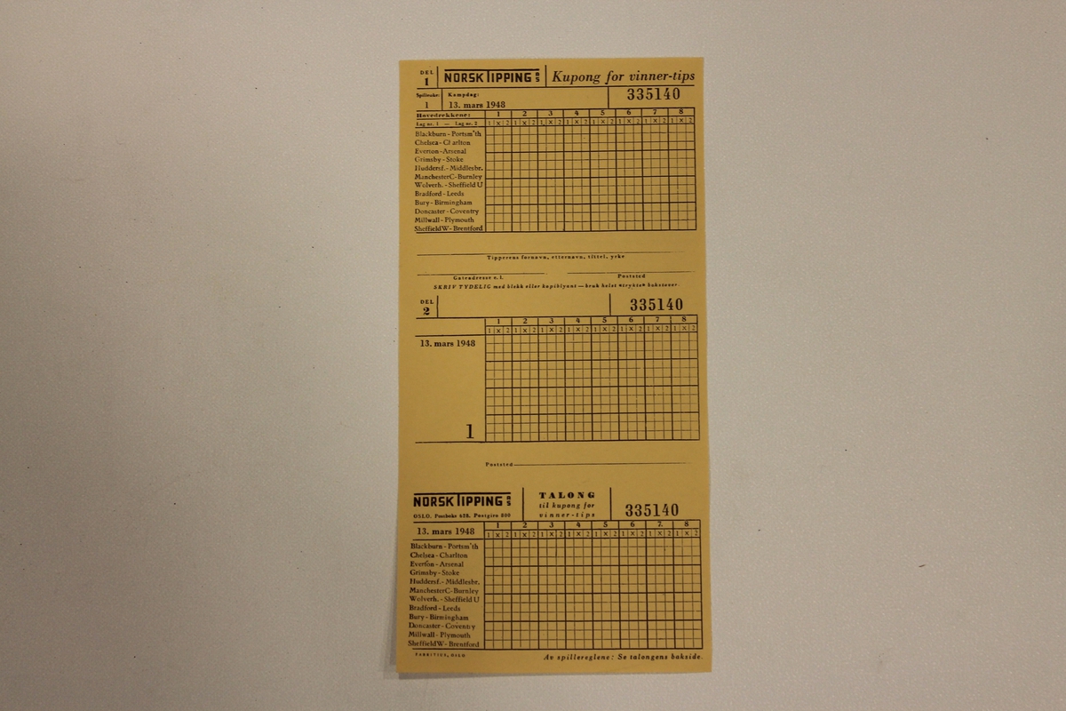 Tippekupong hvor man måtte fylle ut i tre eksemplarer. Engelske kamper. Kampdag 13. mars 1948.
BAksiden: regler