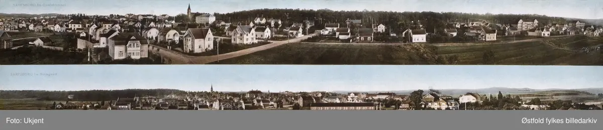 Kolorert panorama fra Sarpsborg, to felt. 
Øverste panorama med vestre bydel med Sarpsborg kirke, Festiviteten, Kullåsparken, middelskolen, Sannesundveien skole. 
Nederste panorama med østre bydel med Metodistkirken, Kirkegaten skole, St. Olavs Vold, luftbanen, i bakgrunnen Borregaardkrana og tømmerlageret på Opsund.
To utsnitt, bilde 2 og 3 (St. Olavs Vold).