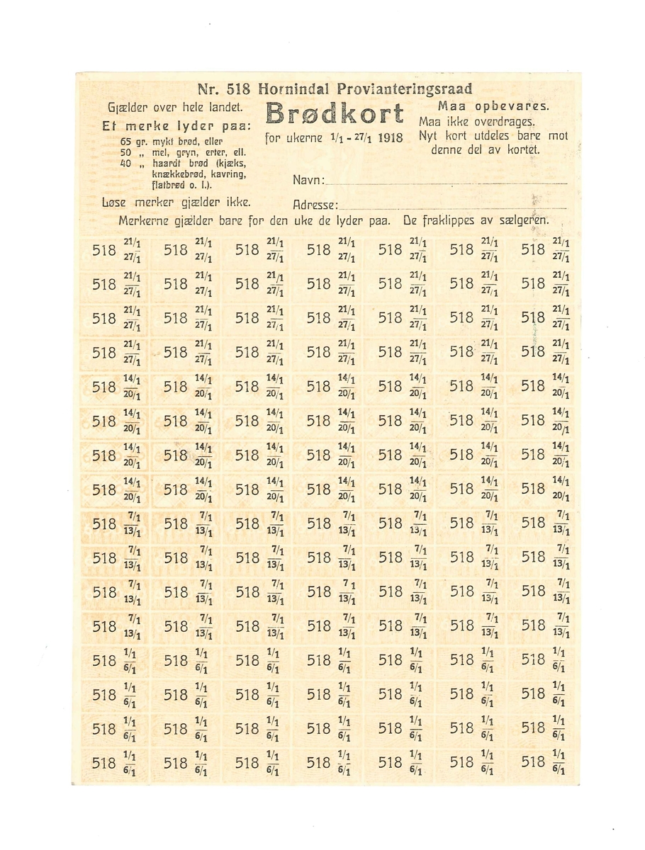 Tre rasjoneringskort for Hornindal Provianteringsraad i 1918. Ubrukte. Korta gjeld for månadane Januar, Februar og Mars. 
Det er forskjellige fargar på korta.