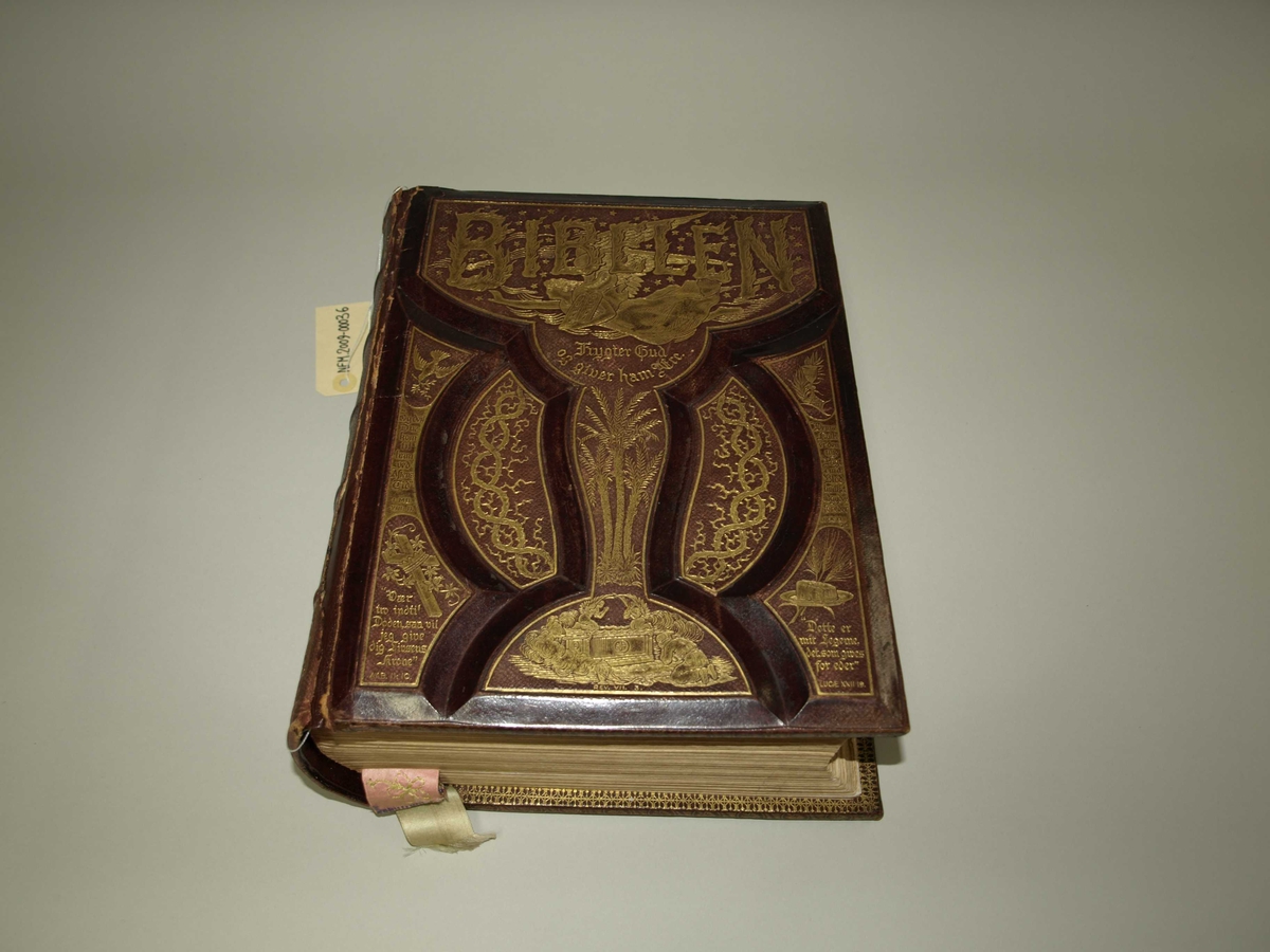 Stor og tung Bibel produsert og brukt opphaveleg i USA. Permen er tjukk og kanskje laga av tre med skinn (?) trekt utanpå. Det er fordjupningar i permen si framside. Bilete og tekst utanpå er forgylt. I Bibelen er det mange illustrasjoner og nokre sider er også i fargar. Det er også vigselsbevis/attest i den og dødsfall til eine eigar er oppført. Bakerst er det plass til fotografi, og det er fleire inni. Det ligg også ved to bokmerke, det eine brodert med initialar, og ein laus illustrasjon.