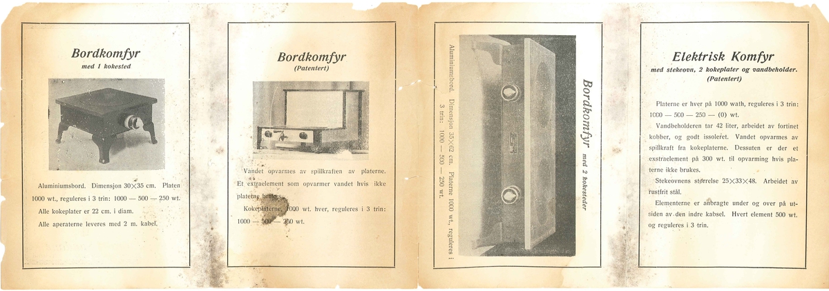 Hefte i tynt papir som kan brettast ut. På framsida er det bilete av Flølo-komfyren. Inni heftet er det bilete og produktbeskrivelse over fire andre omnar. I tillegg er det to produktomtaler. Ein av Mindresunde Jordbruksskule og ein av Øystein Føleide. Bileta er i svart kvitt.