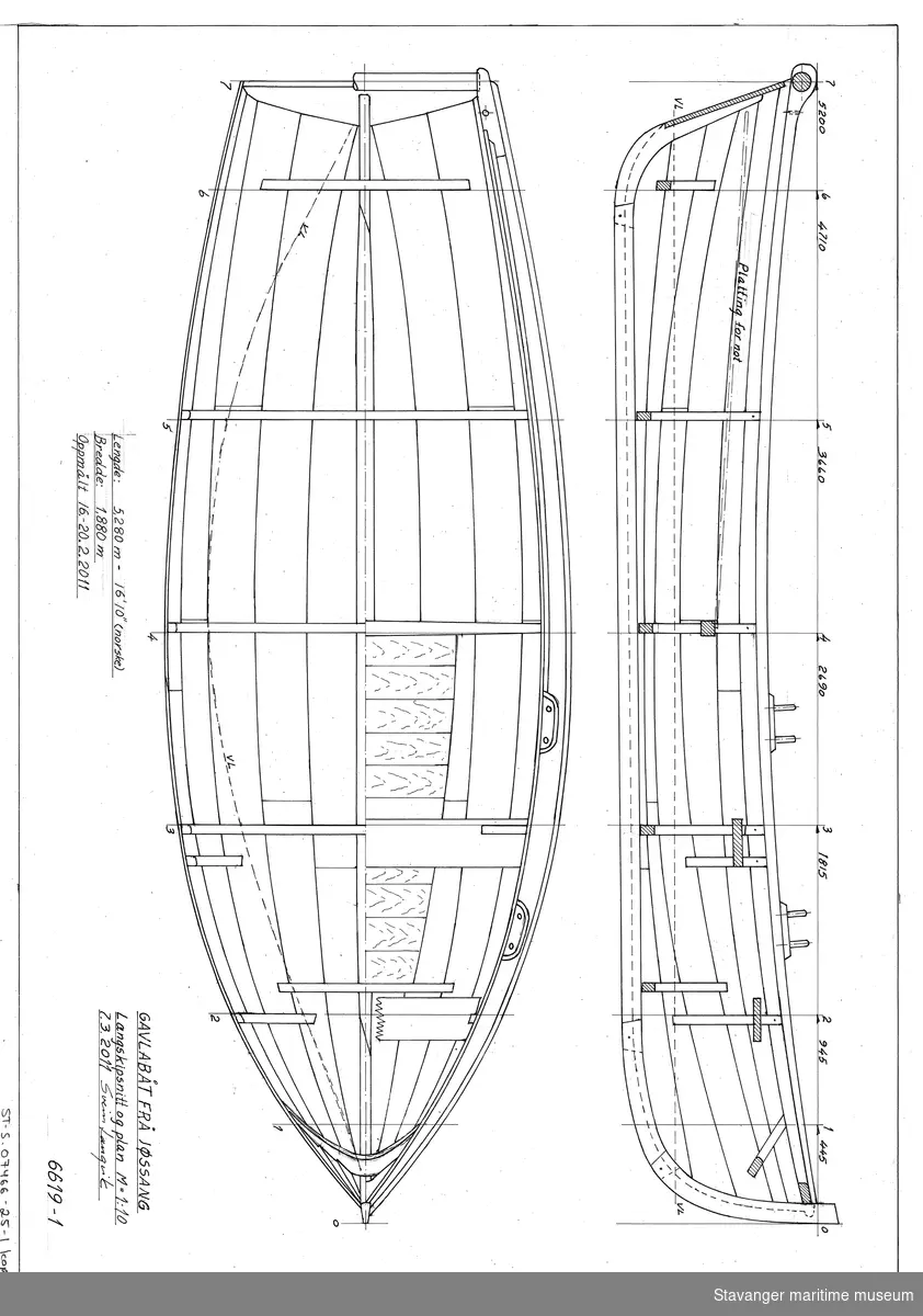 Oppmålingstegning av bruksbåt på folie, tegnet med penn. Langskipssnitt og plan 1:10