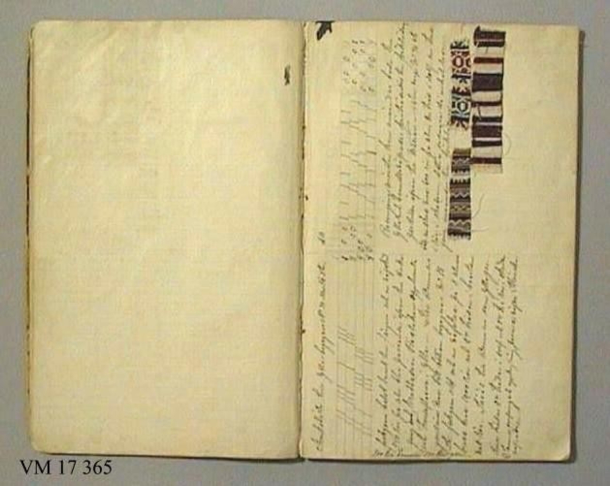 Vävbok daterad 1888 har tillhört Johanna Brunssons farmor Sofia Brunsson,  Ottersbyn Torp sn.
Givaren E A:s. faster gift Brunsson.