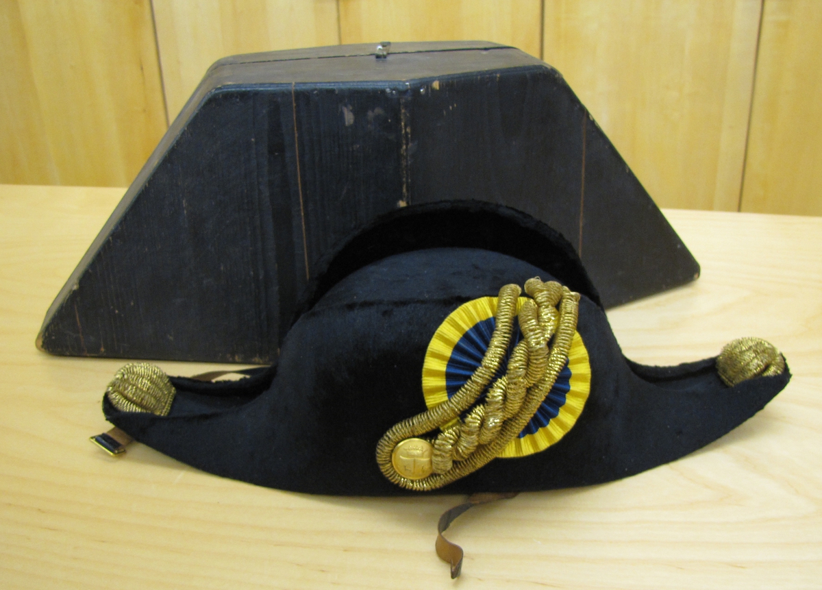 Civiluniformshatt medell 1885. Använd av länsman.
 

Blå-gul kokard. Snoddar i gulmetall.