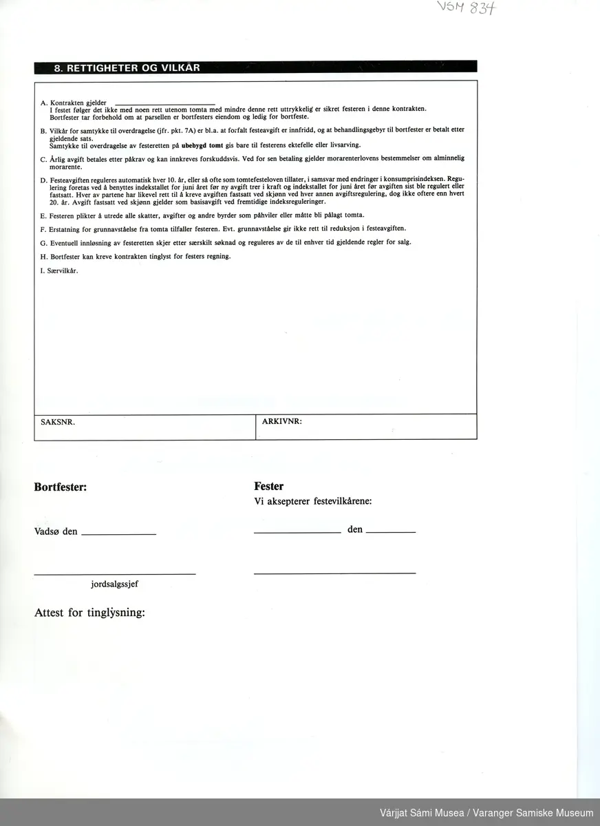 En festekontrakt (boligtomt o.l.) utstedt av Statskog Finnmark avd. Vadsø. Hvitt papir, A4 format, uutfylt, tekst på begge sider.