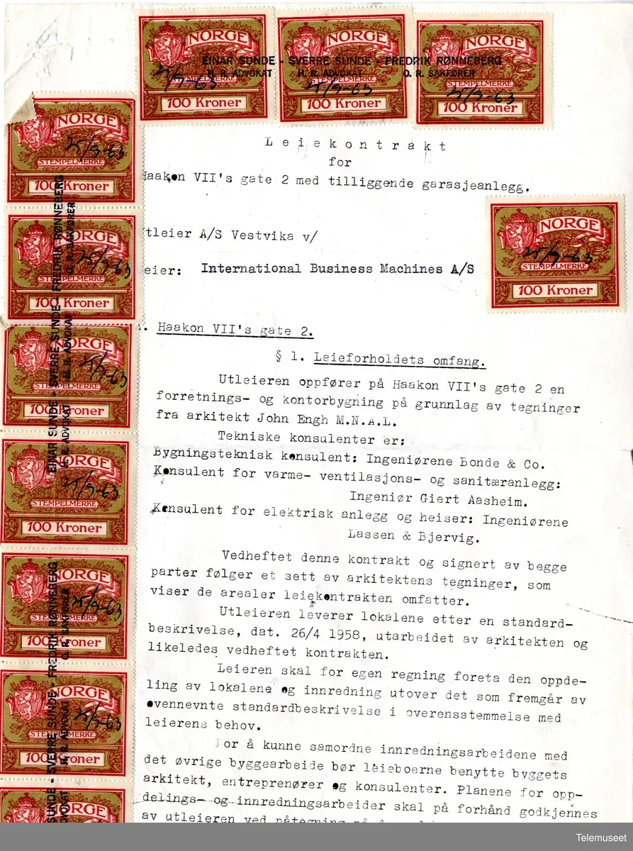 3.7  IBM - Bygg og eiendomsavdeling -  leiekontrakt mellom International Business Machines A/S og A/S Vestvika. Haakon VII gt 2, med tilliggende garasjeanlegg. Oslo, 25 sept 1963