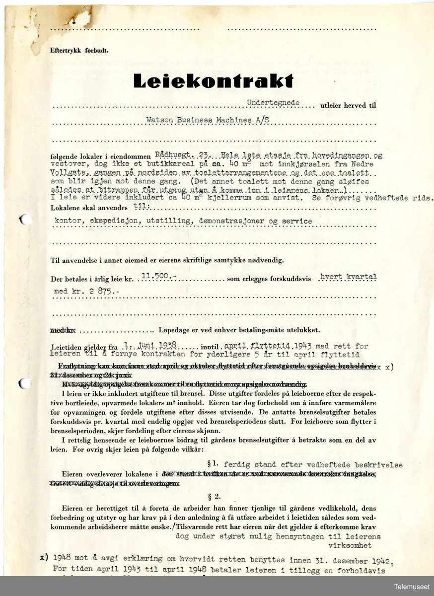 3.7  IBM - Bygg og eiendomsavdeling -  leiekontrakt mellom Watson Business Machines A/S og A/S Rådhusgt 23. 9 april 1938