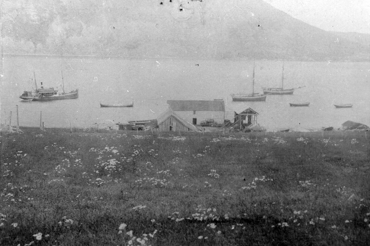 Handelsstedet på Skjærstad, fotografert med båter og fartøyer i bakgrunnen. Til venstre d/s "Maria".