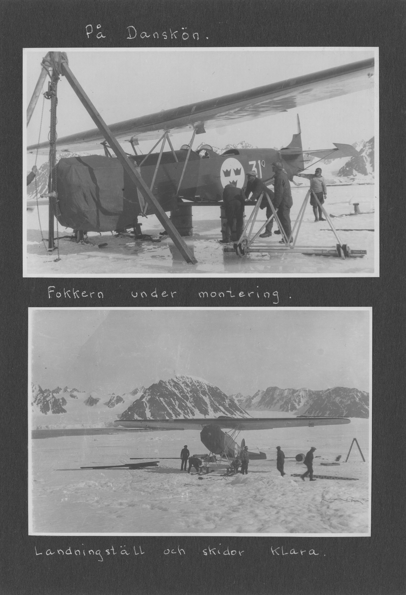 Svenska Spetsbergsexpeditionen 1928, band 2.    Band 2 av 5 dokumentationsalbum från svenska Spetsbergsexpeditionen år 1928, där Umberto Nobile och besättningen på luftskeppet Italia räddades.  49 fotografier monterade på 27 albumblad.    Motiv: Räddningsexpedition av Umberto Nobile, lägret vid det kraschade Italia-fartyget; Einar Lundborgs strandad på isen, tillbaka i lägret efter räddning.  Personer, flygplan, natur, omgivningar, mm.