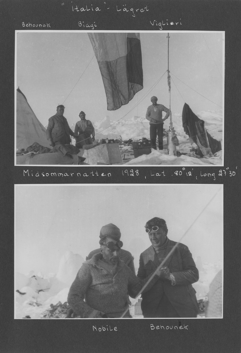 Svenska Spetsbergsexpeditionen 1928, band 2.    Band 2 av 5 dokumentationsalbum från svenska Spetsbergsexpeditionen år 1928, där Umberto Nobile och besättningen på luftskeppet Italia räddades.  49 fotografier monterade på 27 albumblad.    Motiv: Räddningsexpedition av Umberto Nobile, lägret vid det kraschade Italia-fartyget; Einar Lundborgs strandad på isen, tillbaka i lägret efter räddning.  Personer, flygplan, natur, omgivningar, mm.