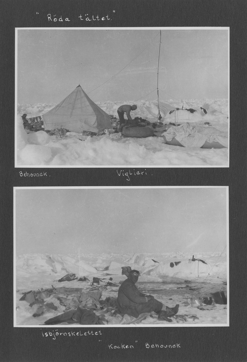 Svenska Spetsbergsexpeditionen 1928, band 2.    Band 2 av 5 dokumentationsalbum från svenska Spetsbergsexpeditionen år 1928, där Umberto Nobile och besättningen på luftskeppet Italia räddades.  49 fotografier monterade på 27 albumblad.    Motiv: Räddningsexpedition av Umberto Nobile, lägret vid det kraschade Italia-fartyget; Einar Lundborgs strandad på isen, tillbaka i lägret efter räddning.  Personer, flygplan, natur, omgivningar, mm.