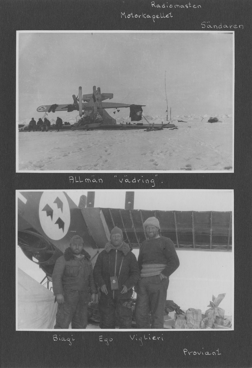 Svenska Spetsbergsexpeditionen 1928, band 2.    Band 2 av 5 dokumentationsalbum från svenska Spetsbergsexpeditionen år 1928, där Umberto Nobile och besättningen på luftskeppet Italia räddades.  49 fotografier monterade på 27 albumblad.    Motiv: Räddningsexpedition av Umberto Nobile, lägret vid det kraschade Italia-fartyget; Einar Lundborgs strandad på isen, tillbaka i lägret efter räddning.  Personer, flygplan, natur, omgivningar, mm.